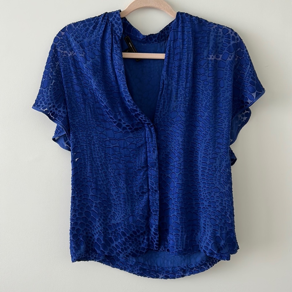 BCBG short sleeve button down blue velvet animal print top